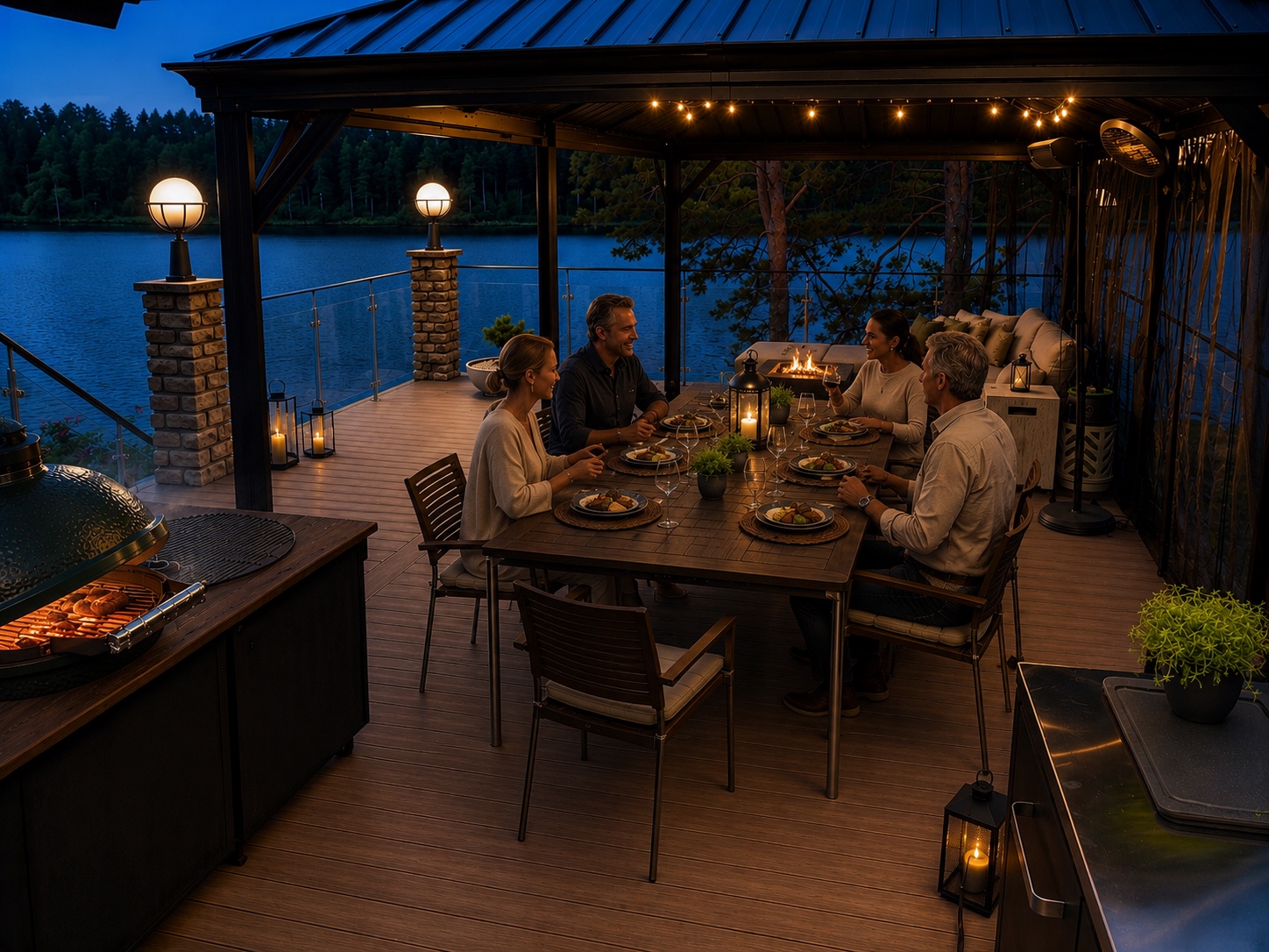 Lakeside dinner on the terrace at dusk