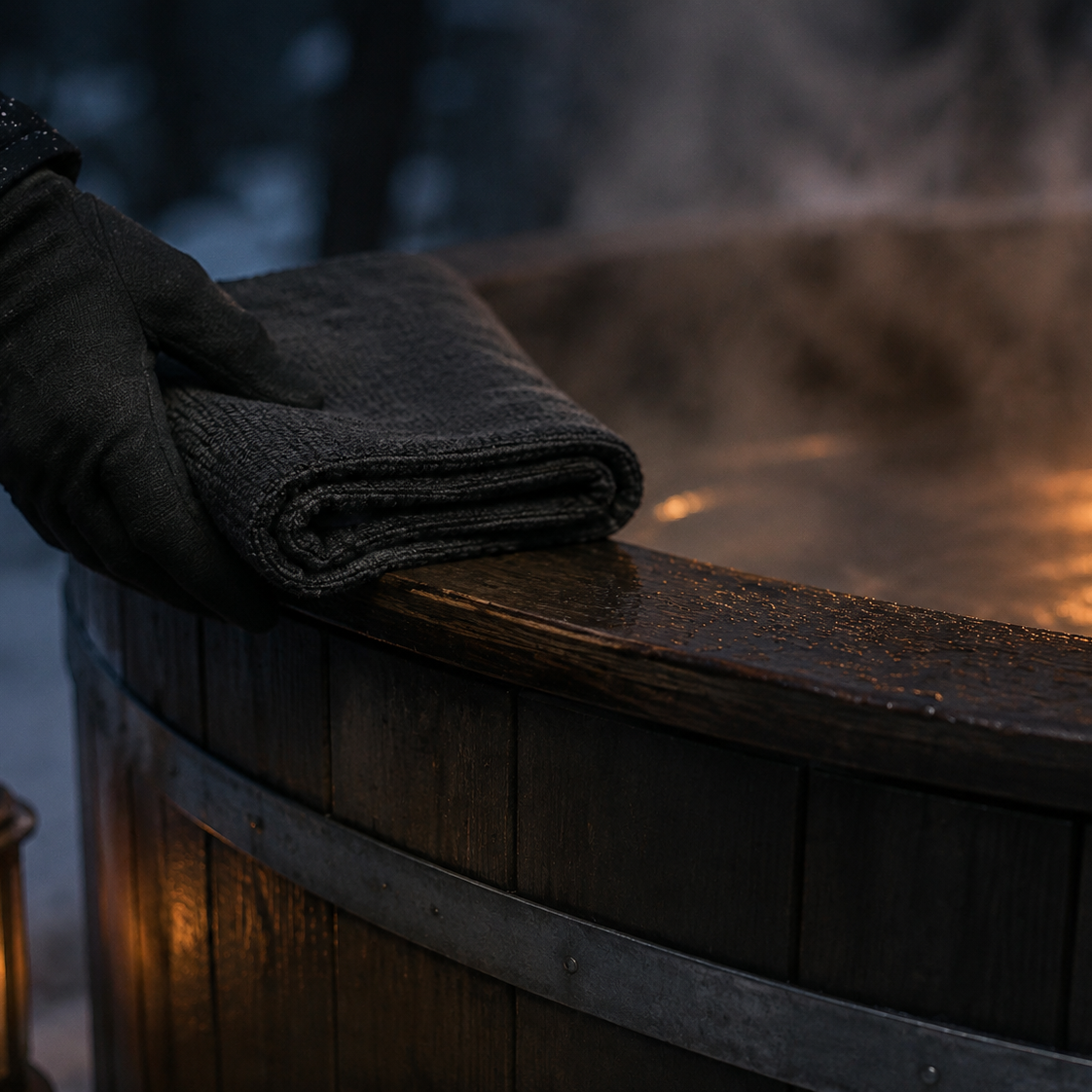 Wood-heated hot tub prepared outdoors in winter
