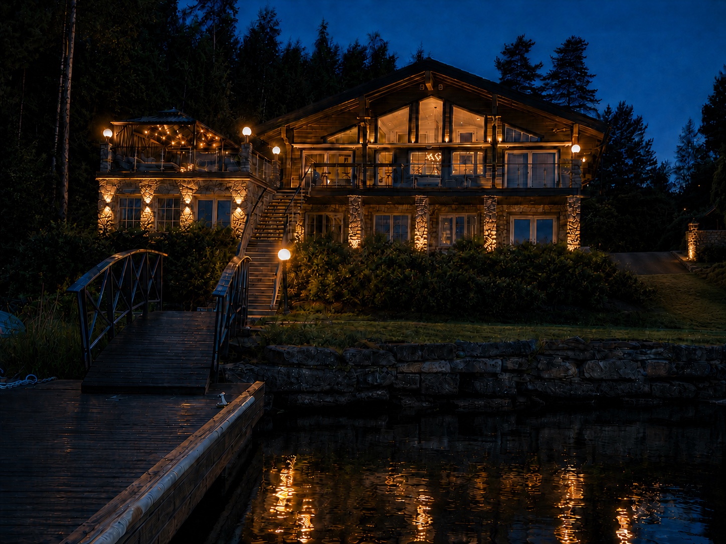 Lakeside Villa & Spa illuminated after sunset
