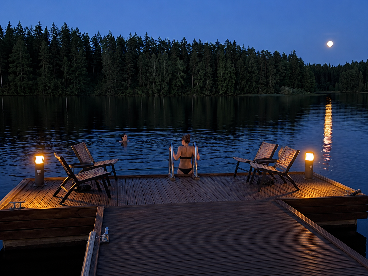 Moonlight swimming from the private dock