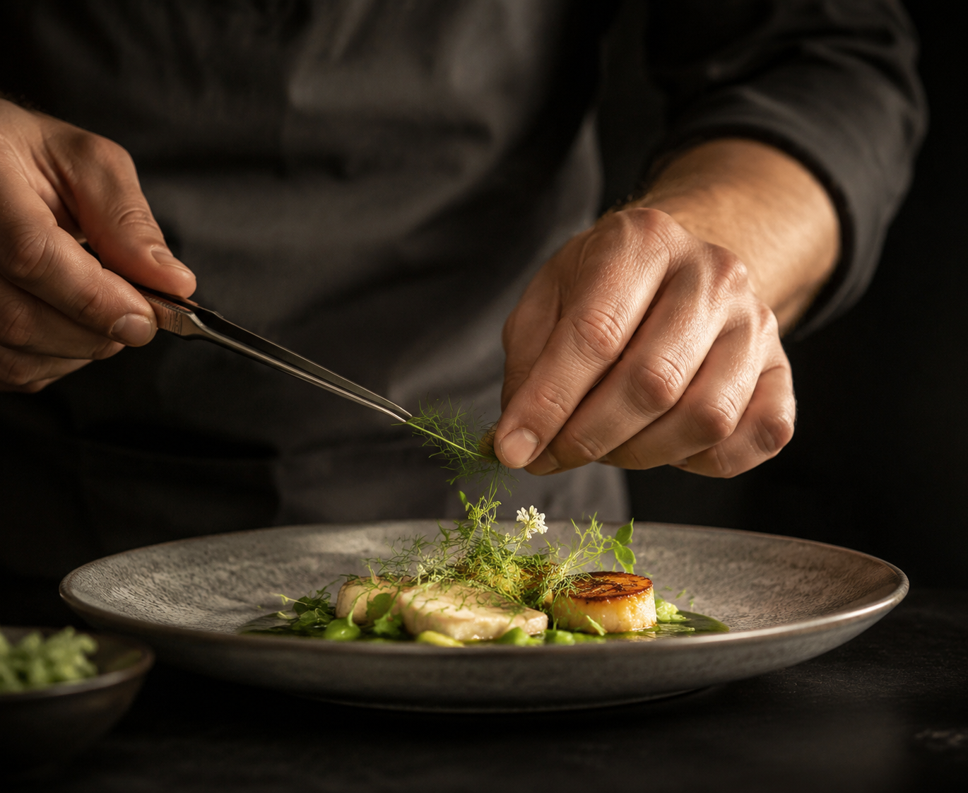 Chef finishing a plated dinner