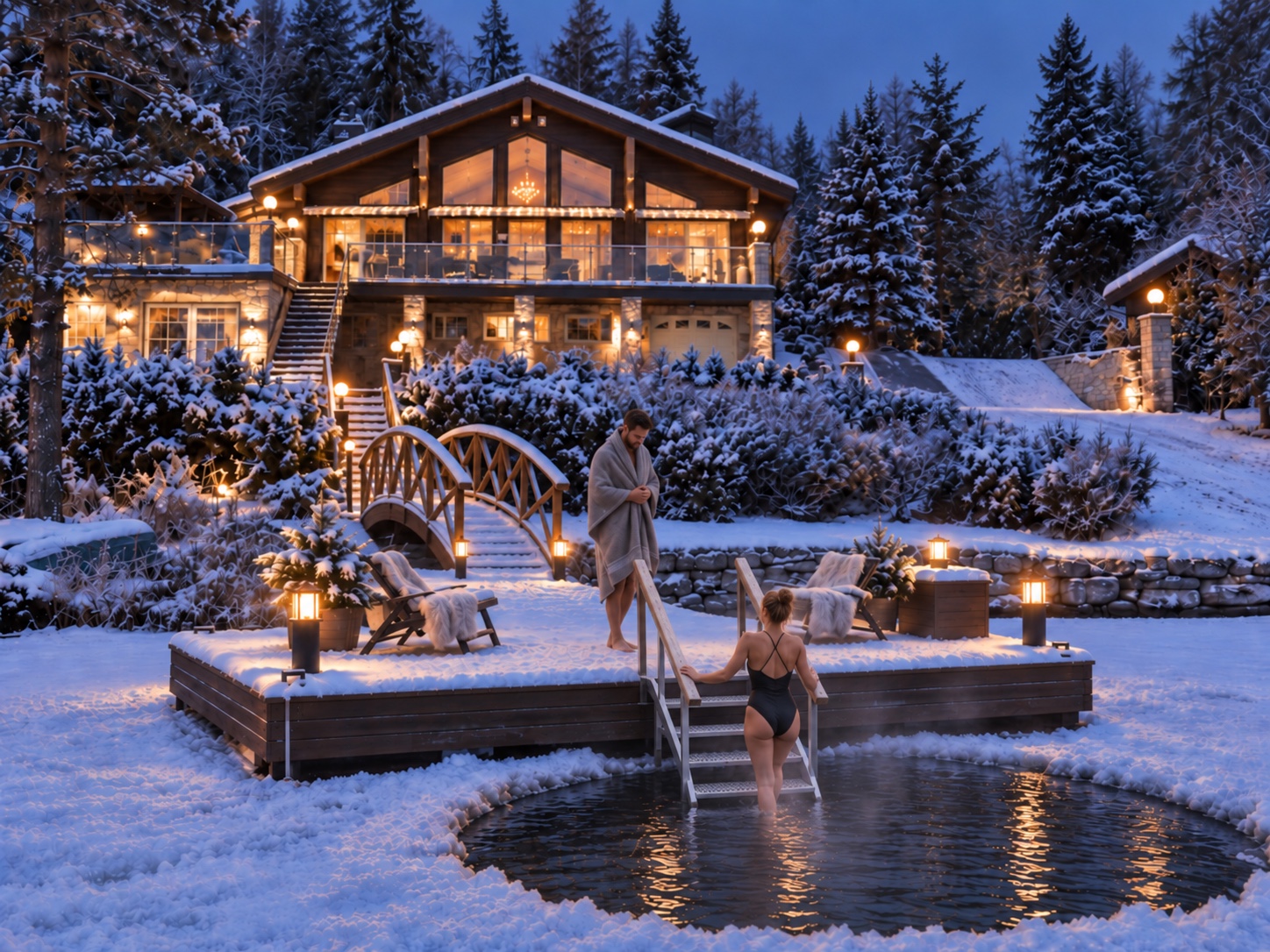 Concept view of private winter swimming from the lakeside jetty at Lakeside Villa & Spa in Tahko, Finland