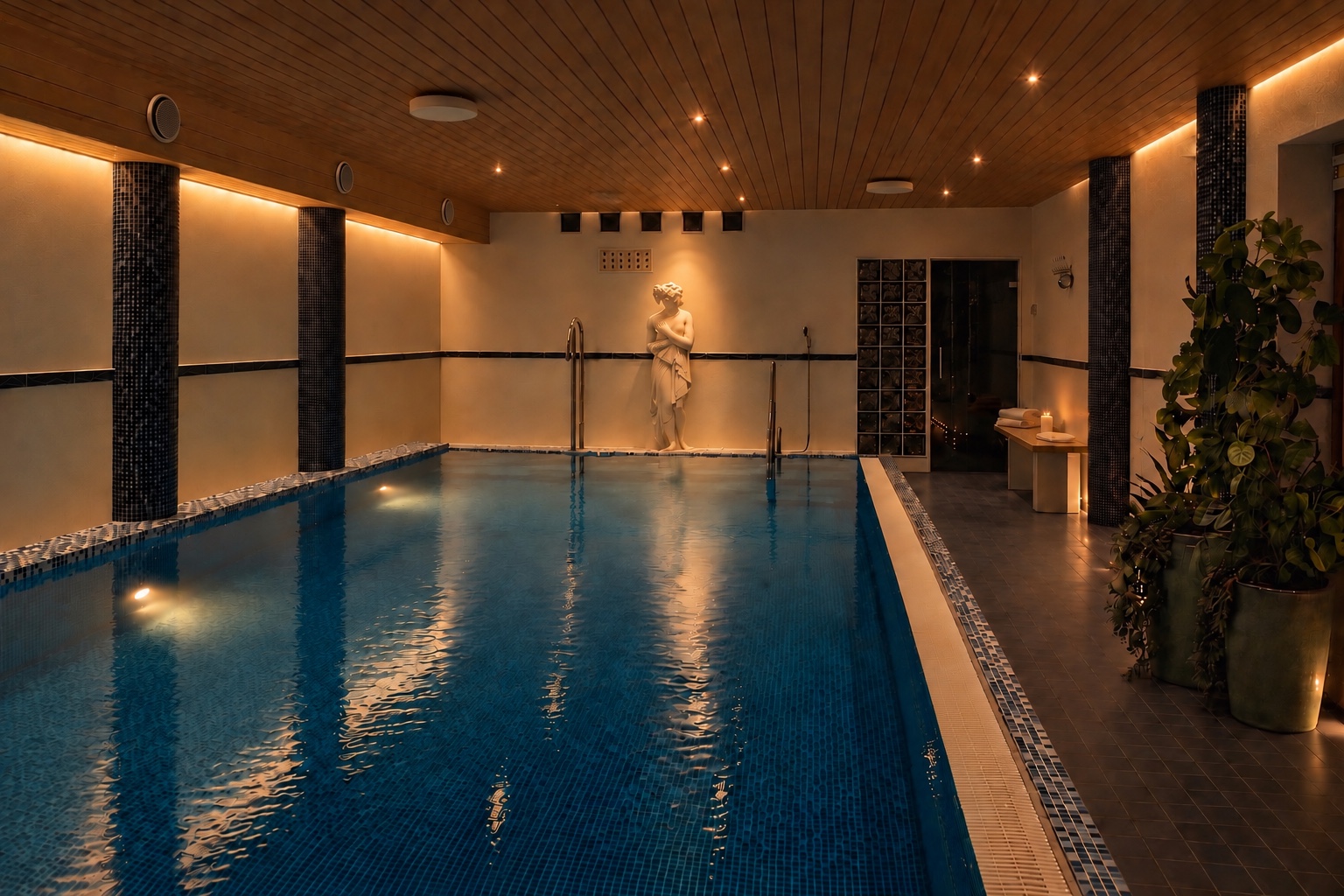 Indoor pool with mosaic columns and warm ceiling lighting