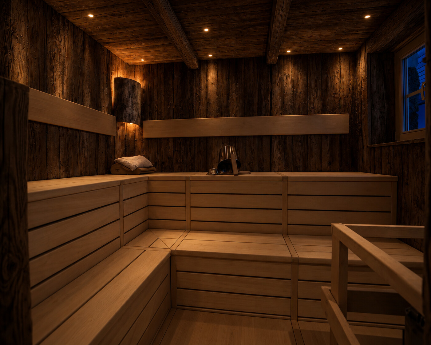 Wooden benches and warm lighting in the Finnish sauna