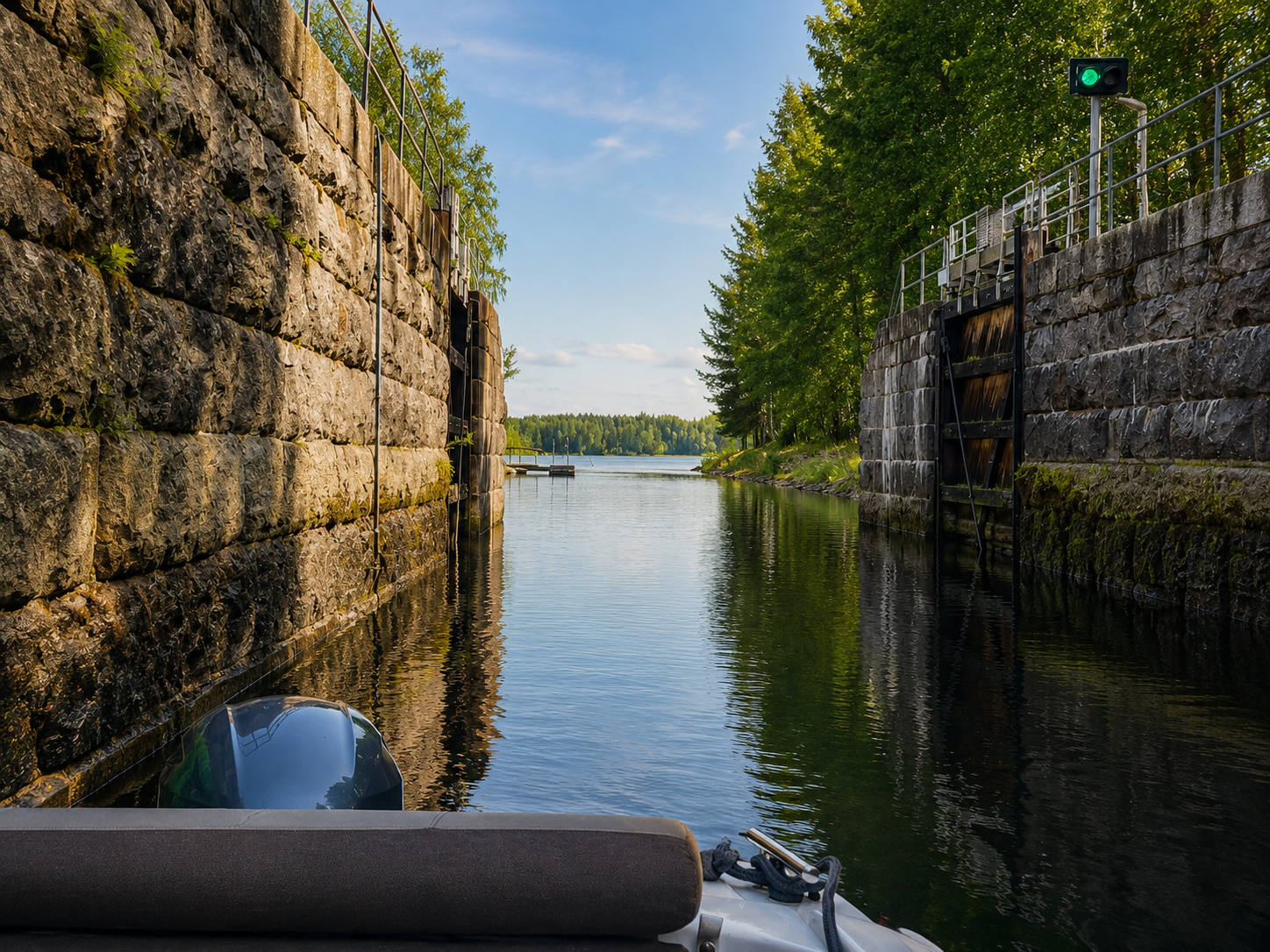 Boating through a historic lock on the waterways from Tahko