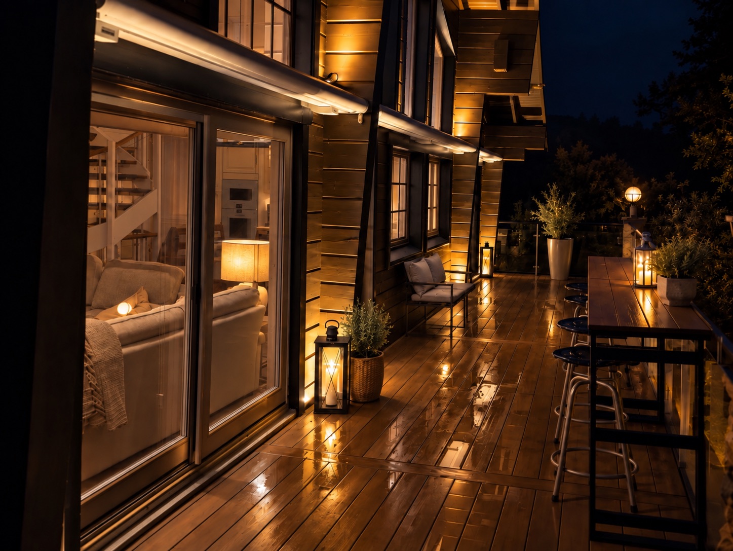 Warmly lit terrace at Lakeside Villa & Spa in the evening