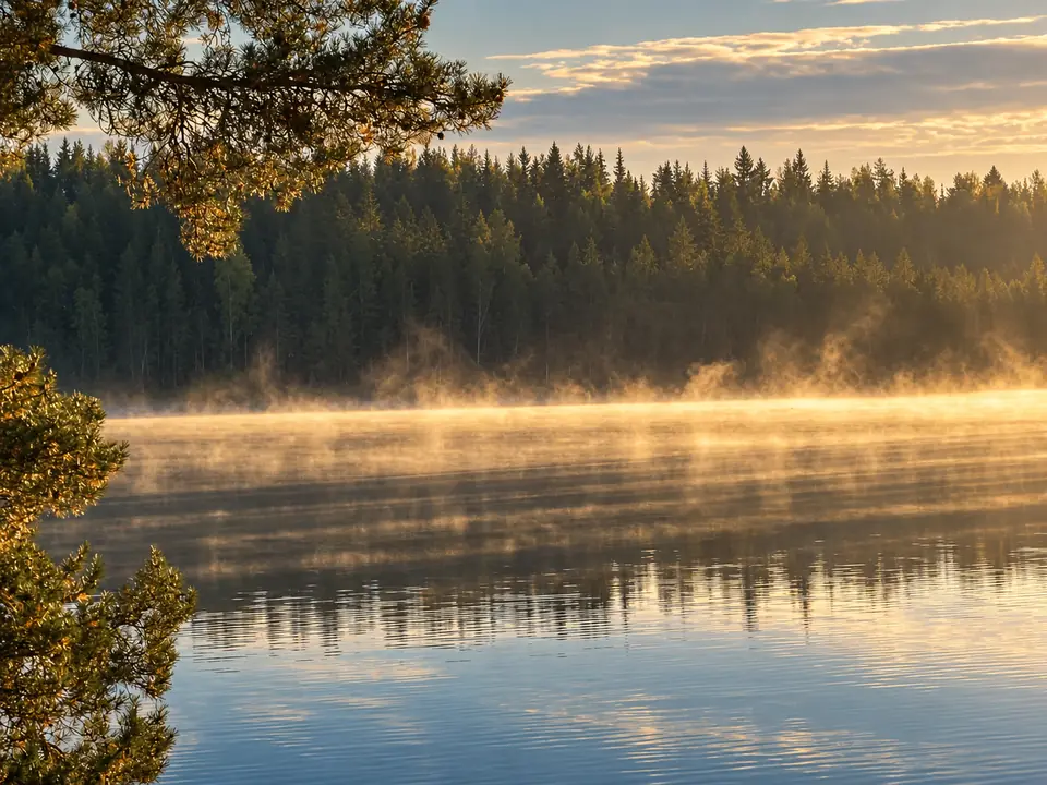 Morning mist over Lake Syväri and the forested shoreline