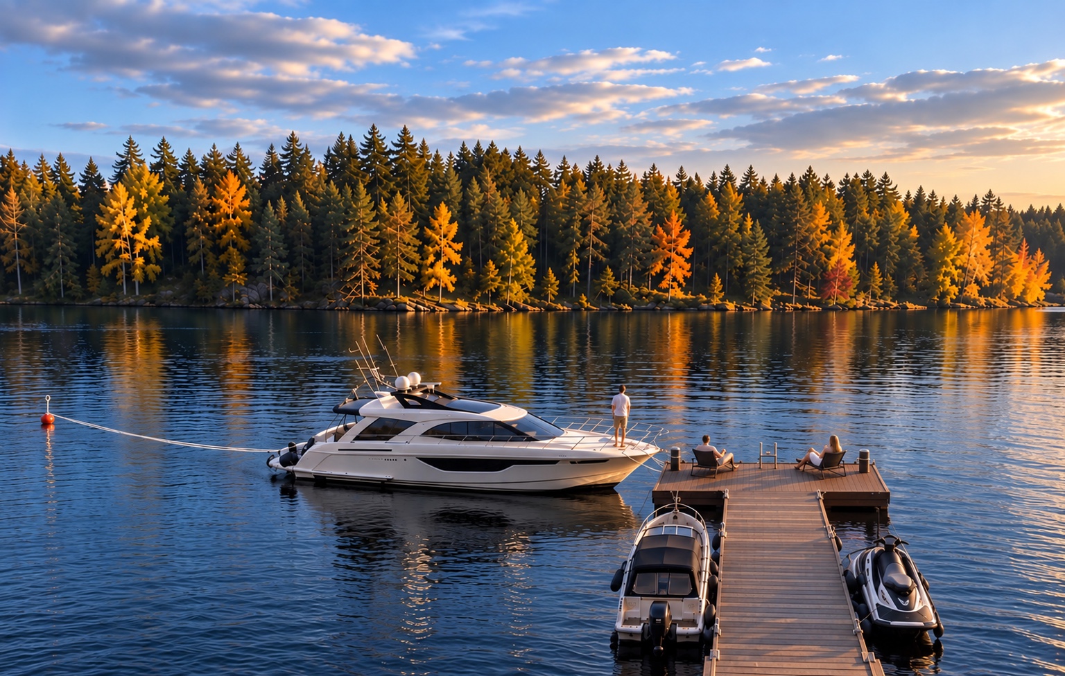 Large motorboat, private Marinetek jetty and lakeside mooring on Lake Syväri